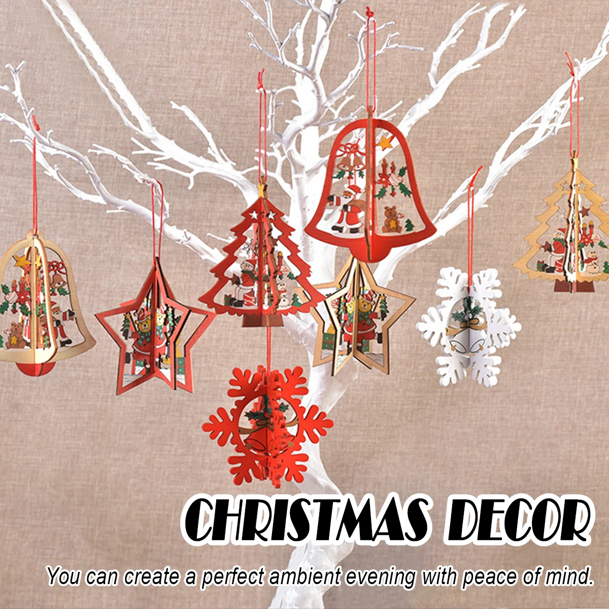 Christmas Wooden Pendants For Xmas Tree Hang Snowflakes Bell Red Decoration Ornaments Cartoon Hanging Pendant Trees Accessories