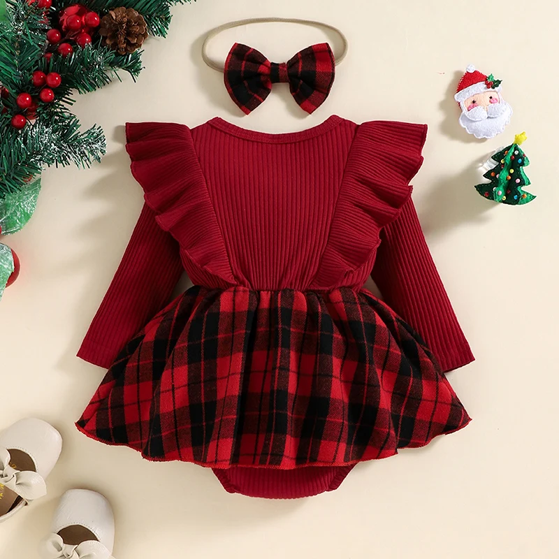 Infant Baby Girl Christmas Outfit Long Sleeve Knit Ribbed Romper Dress Tutu Plaid Skirt Ruffle Bodysuit Set