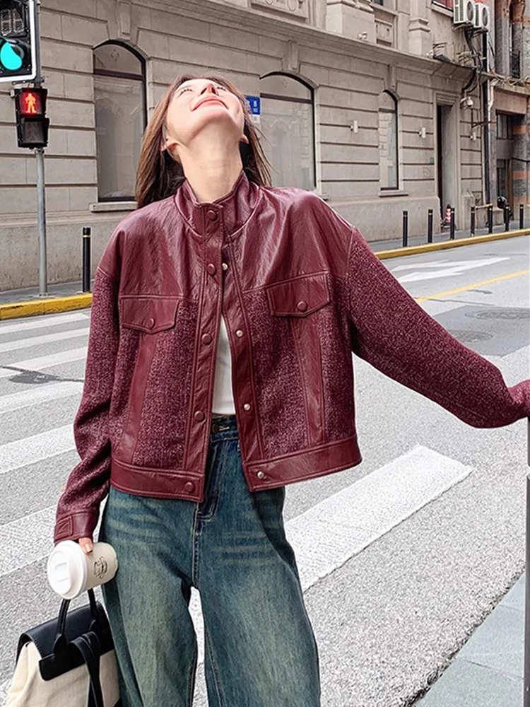슈퍼 잘 생긴 접합 빨간색 가죽 자켓 여성 2025 봄 새로운 스타일 복고풍 패션 작은 스탠드 칼라 유행 재킷
