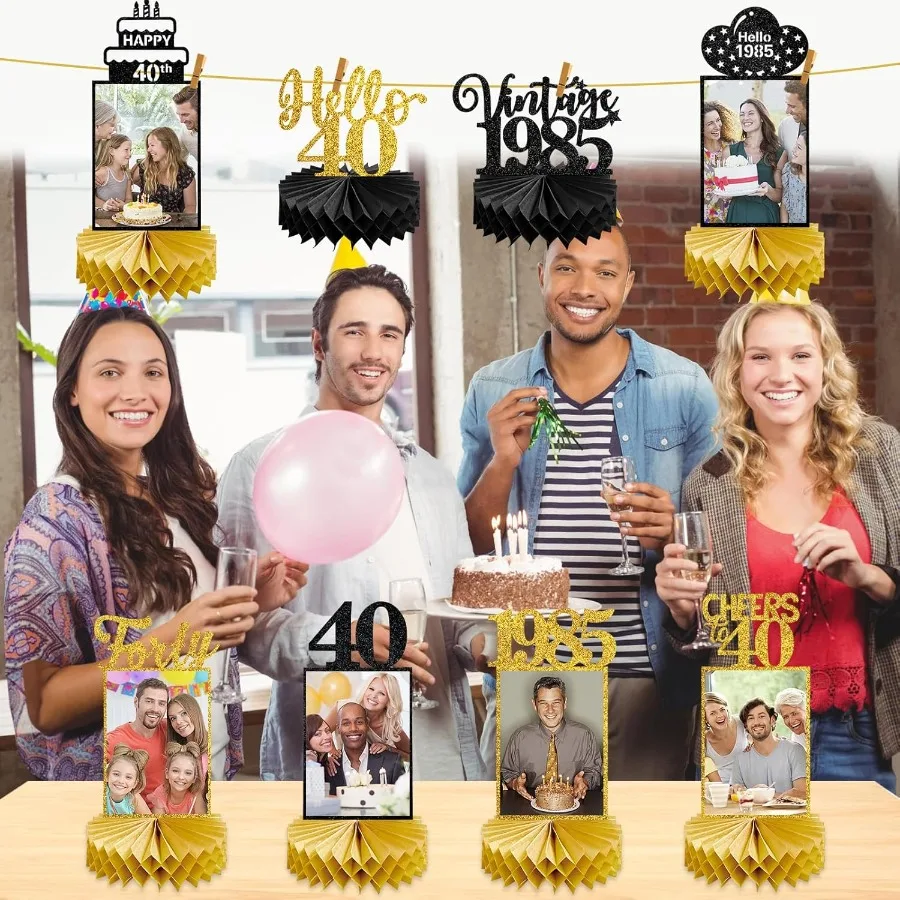 8 peças decorações de 40o aniversário peças centrais de favo de mel para mulheres homens preto ouro vintage 1985 40o aniversário foto peças centrais de mesa