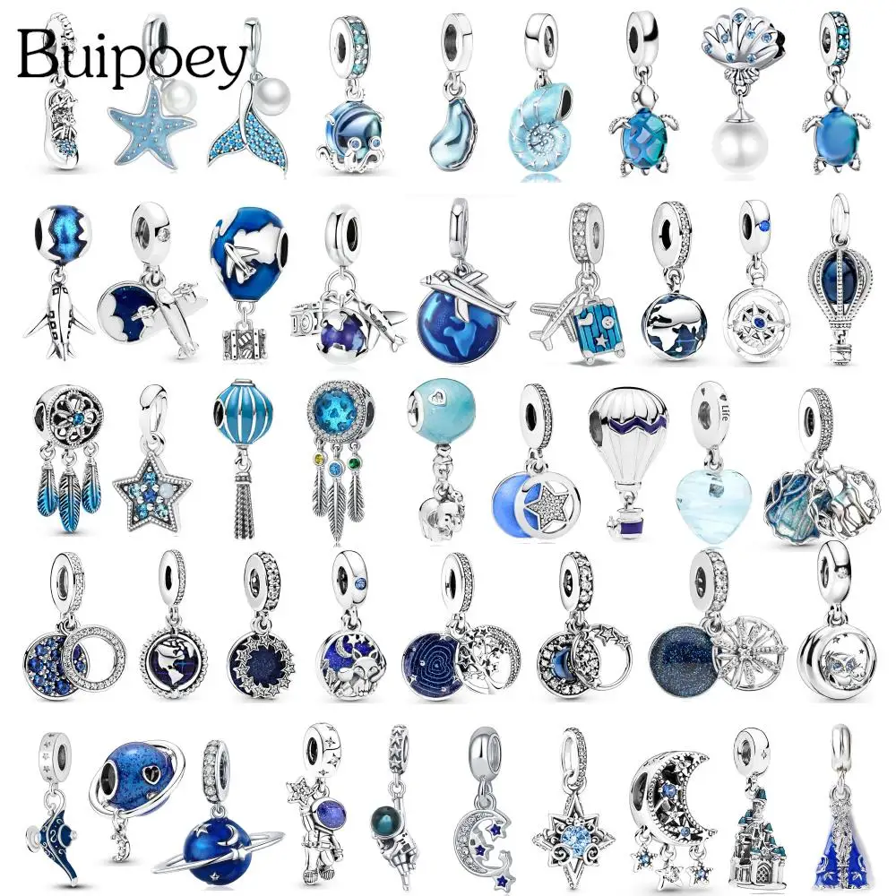 Buipoey 2Pcs/lot Blue Sky & Ocean Beads Silver Color Dream Catcher & Balloon Charm Stars Pendant DIY Bracelets Accessory