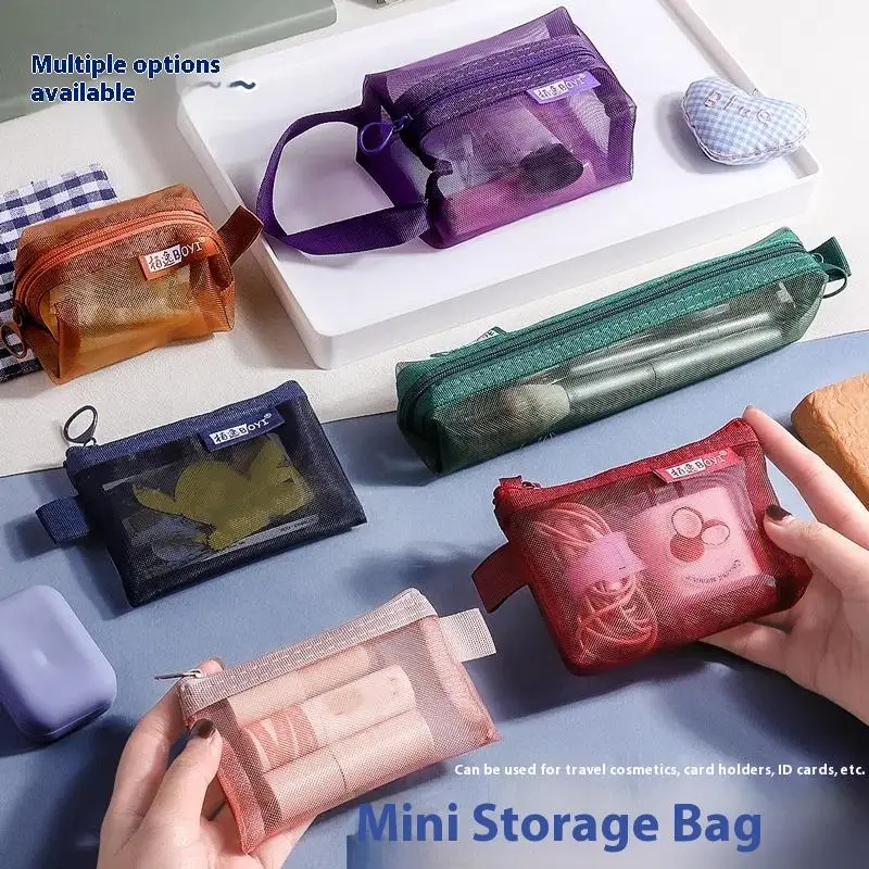 1Pc Zipper Mesh Storage Bag Coin Purse Small Square Mesh Coin Purse Portable Mini Travel Storage Carry Pouch With Zippered