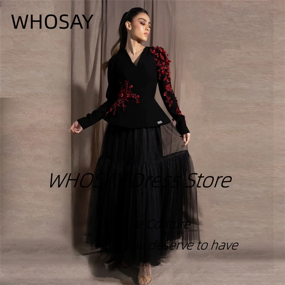 

WHOSAY Customized V Neck Saudi Prom Evening Dresses 3D-Flowers Long Sleeves فساتين للمناسبات الخاصة