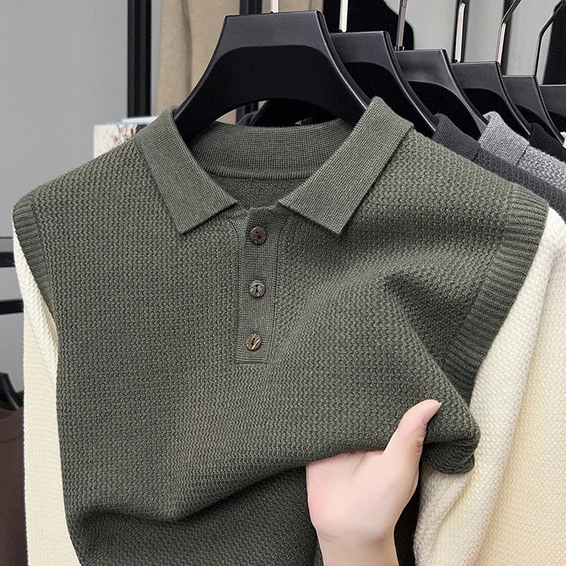 High end luxury knitted long sleeve T-shirt men's autumn winter fashion personalized splicing design Korean casual lapel sweater