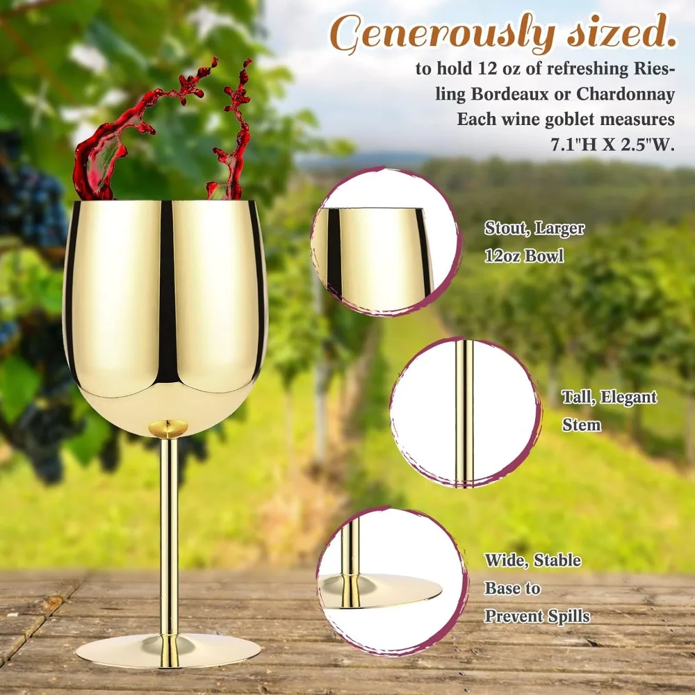 Glass Cup Set Outdoor Activities 12-Pack Stainless Steel Wine Glasses Metal Unbreakable Wine Glasses 12oz Camping Drinkware Bar