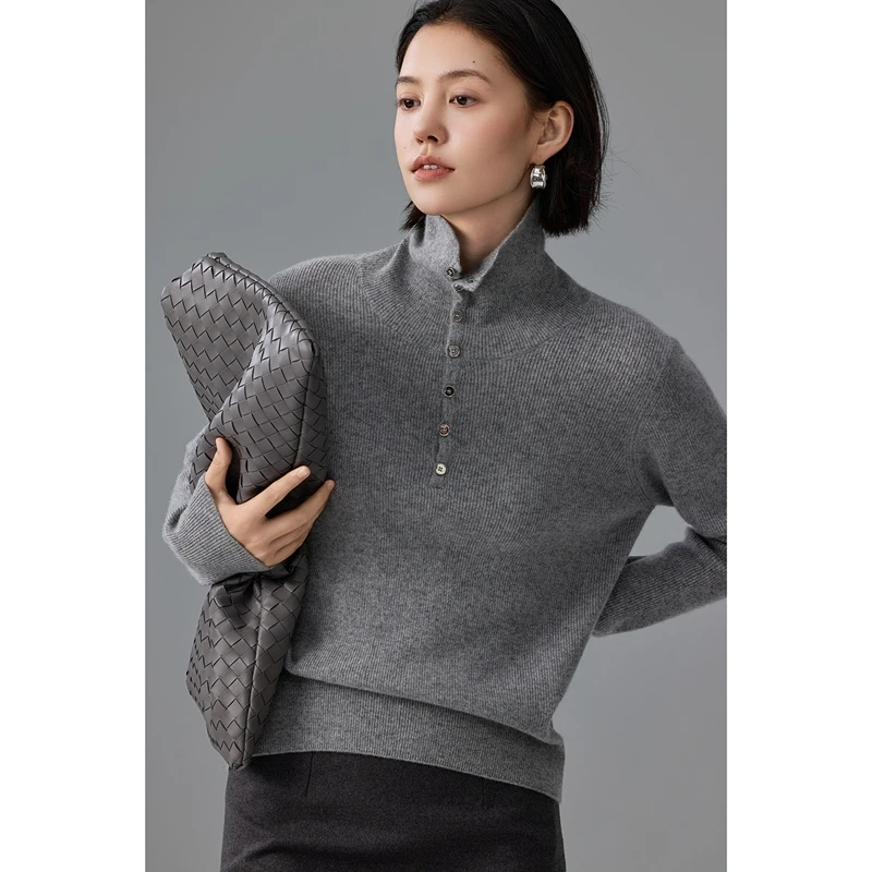 

Свитер на пуговицах с высоким воротником и отложным воротником, женский топ из 100% кашемира, высококачественный модный пуловер, осенне-зимний модный топ