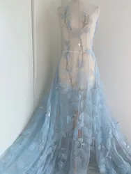 Fiori 3d blu chiaro pesante per abito da sposa Couture tessuto di pizzo di Tulle con perline di fiori 3d tessuto floreale