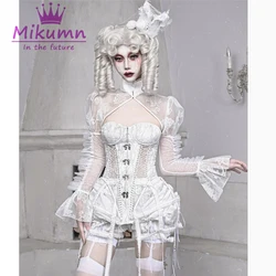 Gothic Lolita White Mesh Lace Pleated Ruffles Puff Sleeve Stand Neck Cardigan Crop Tops Shirts