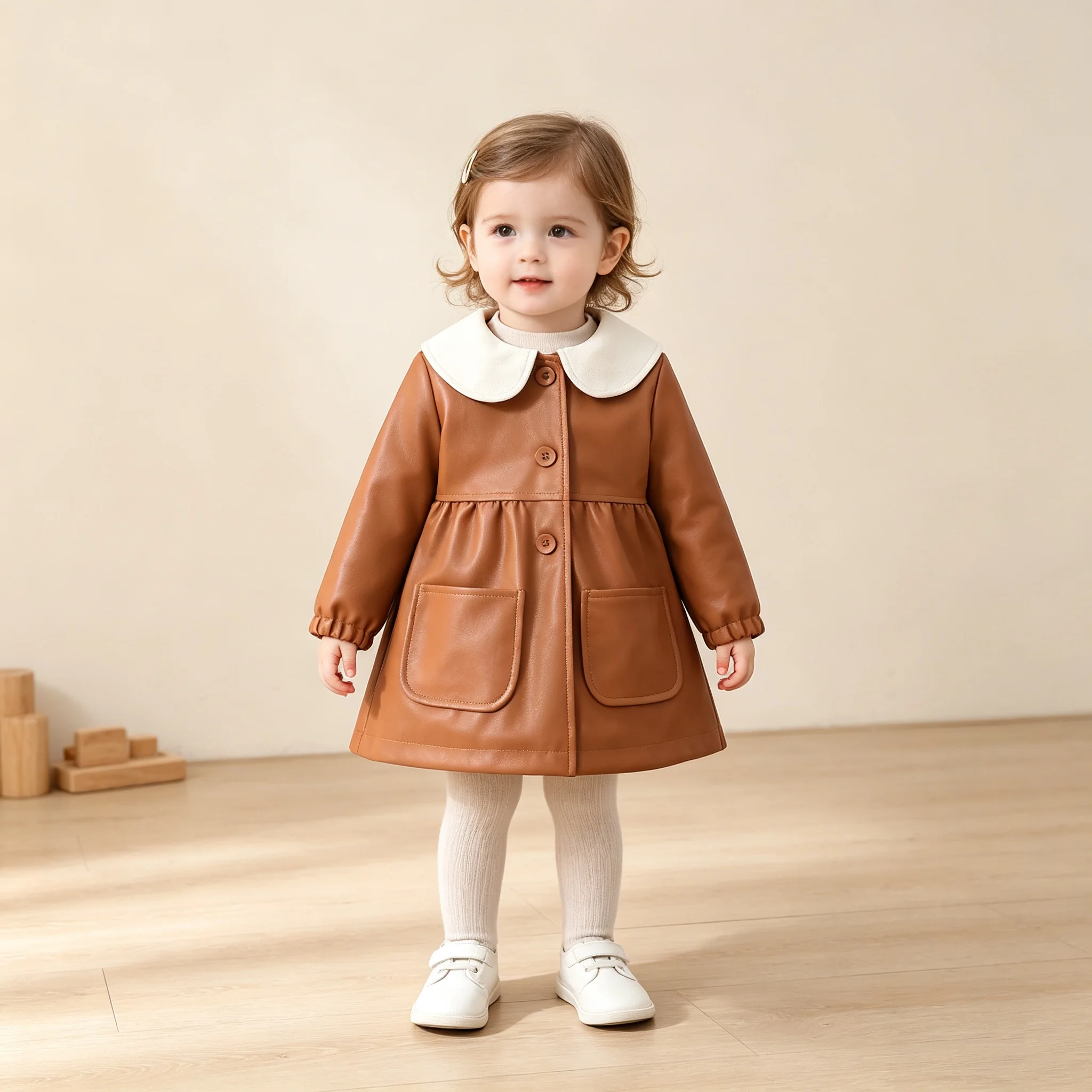 Girls PU Leather Jacket Spring Autumn Contrast Color Collar Midi Length Faux Leather Windbreaker for Babies