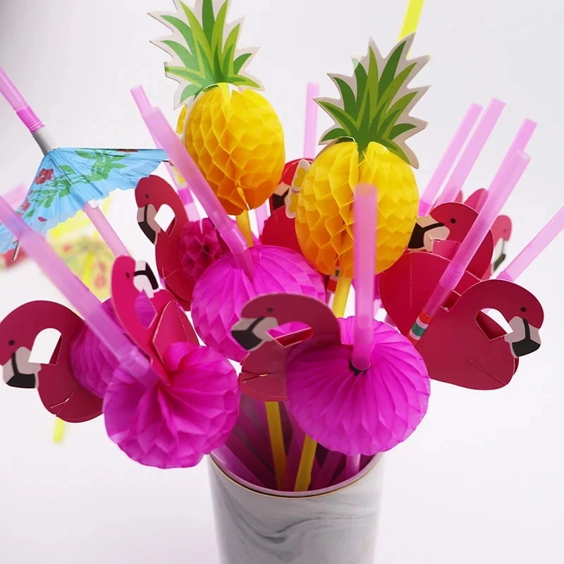 25pcs Flamingo Pineapple Drinking Straws Hawaiian Beach Tropical Birthday Party Decoration Summer Pool Party Decorative Products