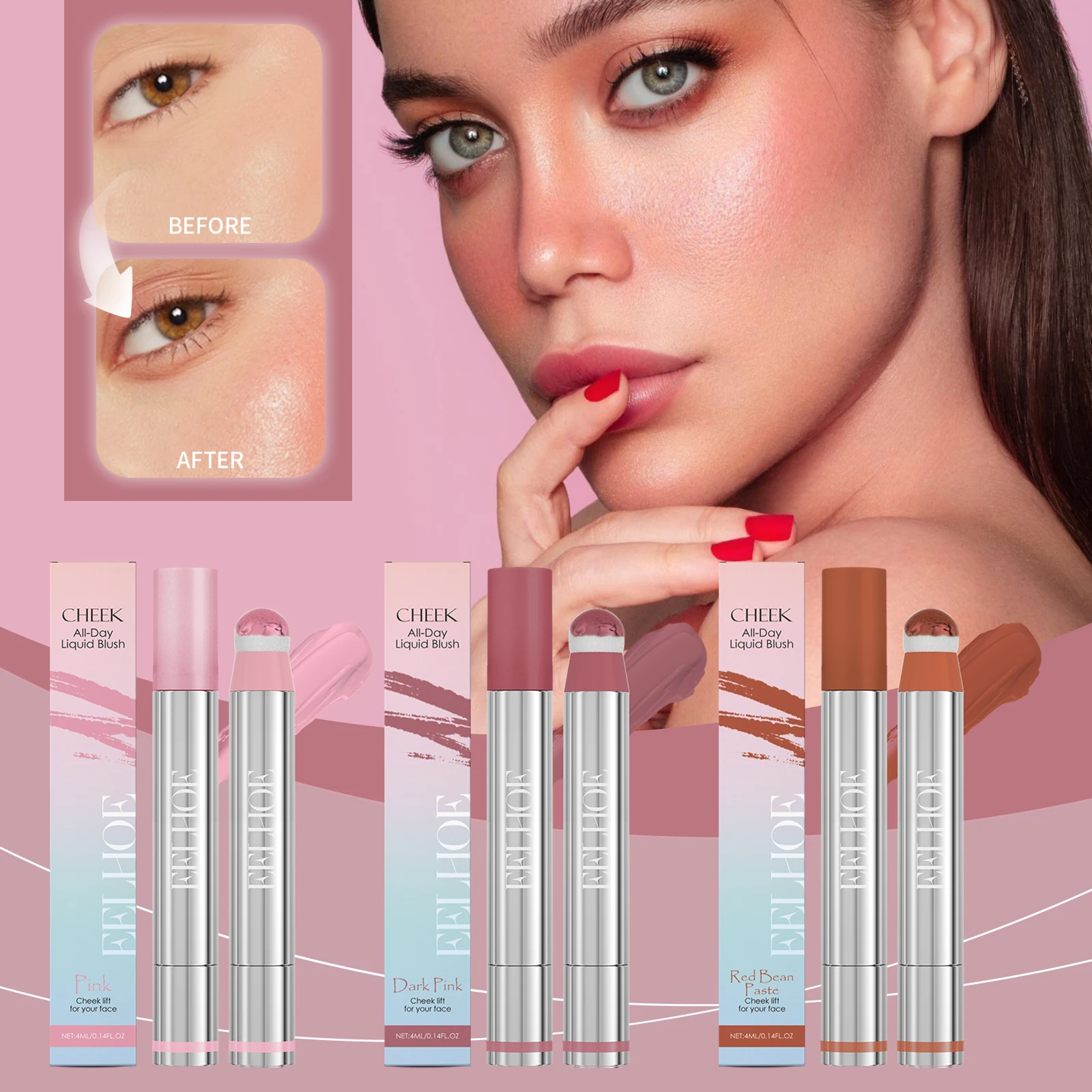 Pincel de felpa rosa melocotón, colorete líquido, crema para mejillas, suave, de larga duración, terciopelo mate, color naranja albaricoque, fácil de usar