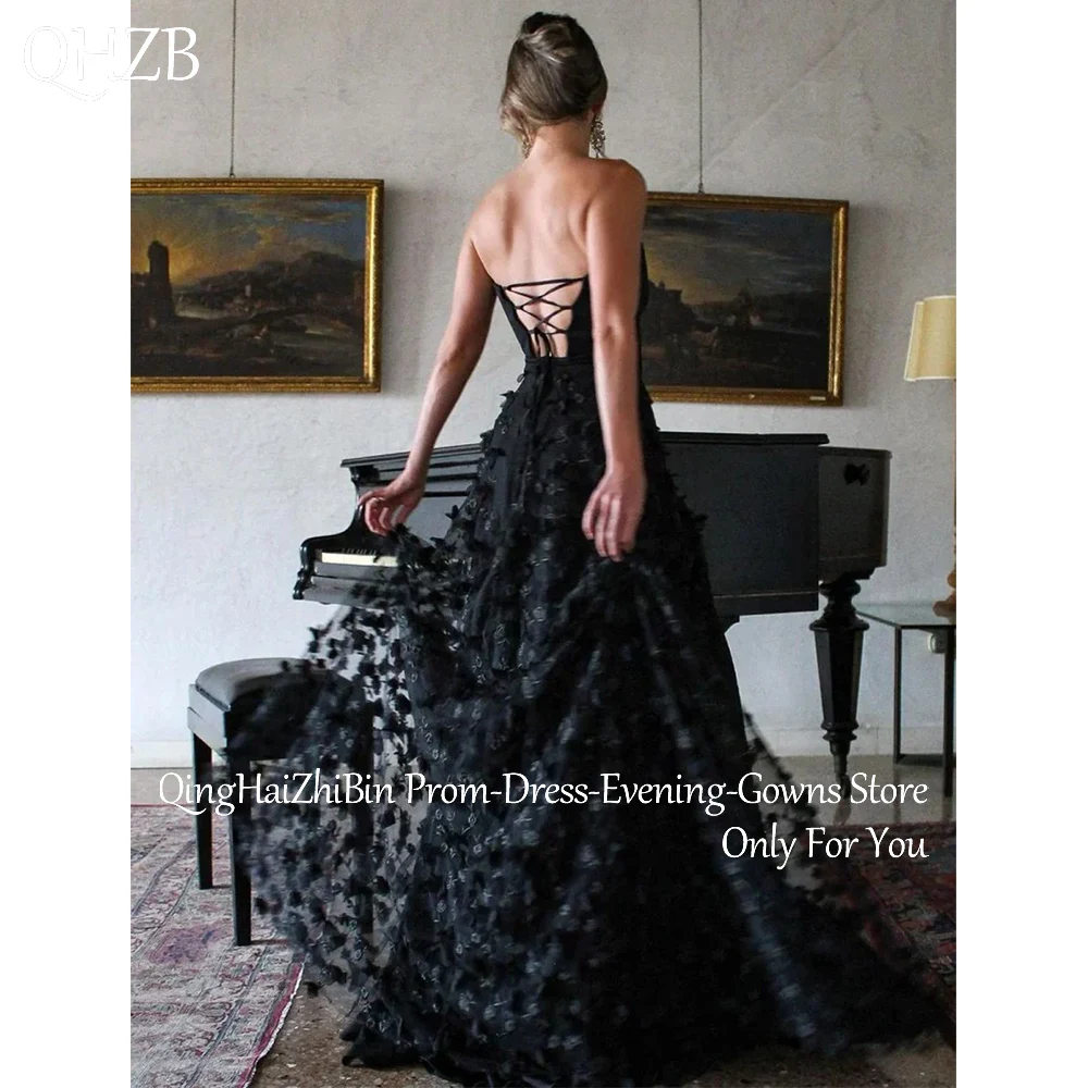 Customized 3D Flowers Black Long Prom Dresses for Special Occasions Lace Floor-Length A-Line Woman Evening Party Gala Dress 2025