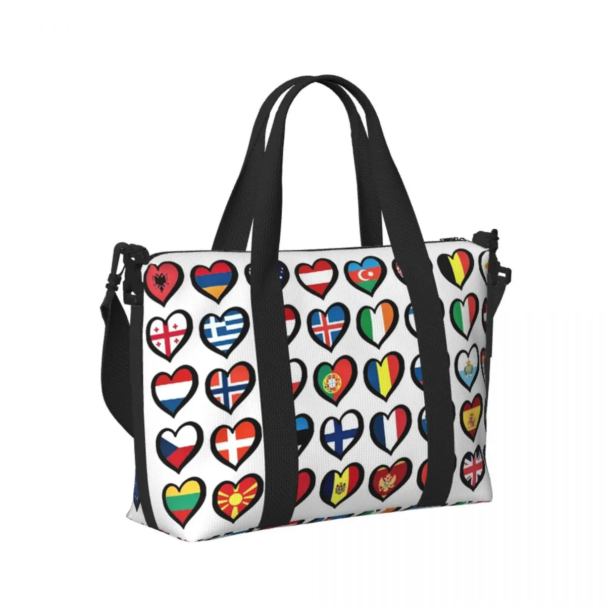 

Custom Eurovision Song Contest Flags Hearts ESC Beach Travel Bag Tote Bags for Gym Sport Women Shopping Duffle Shoulder Bag