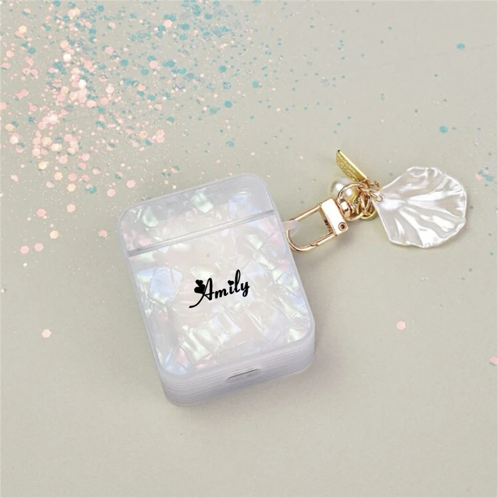 맞춤형 이름 글자 럭셔리 화이트 쉘 패턴 이어폰 케이스, 에어팟 1, 2, 3 프로 2 DIY, 비드 펜던트 포함