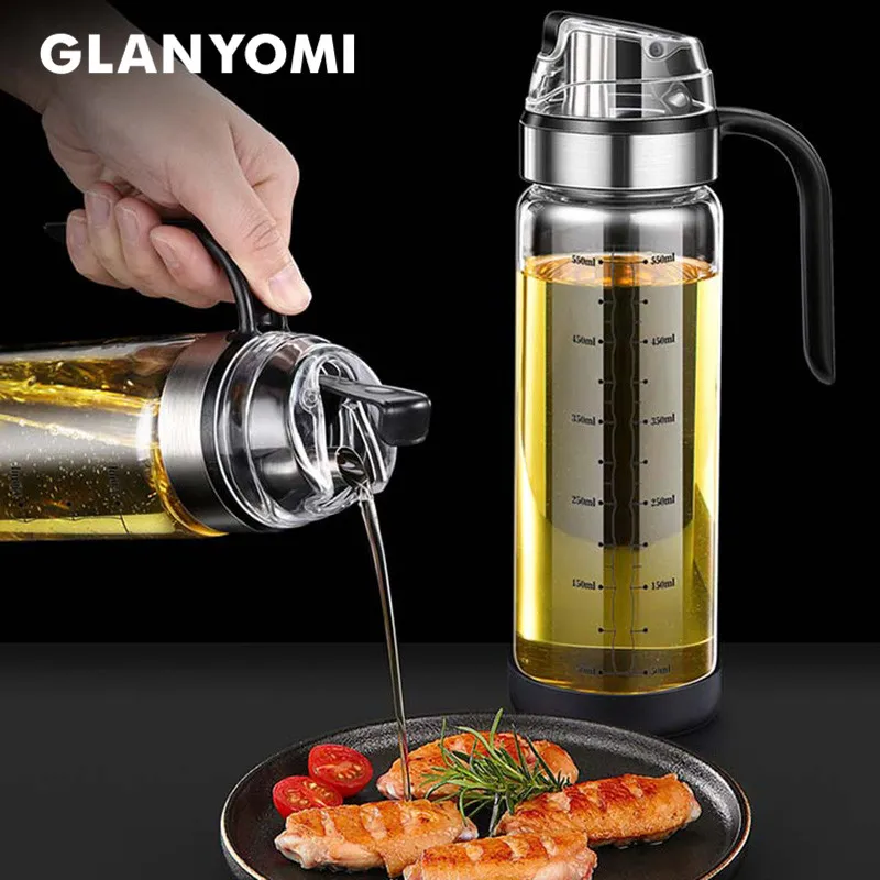 450/550ML Olive Oil Dispenser Bottle with Rubber Base - Glass Oil & Vinegar Cruet with No-drip Pourers, Easy Refill and Cleaning