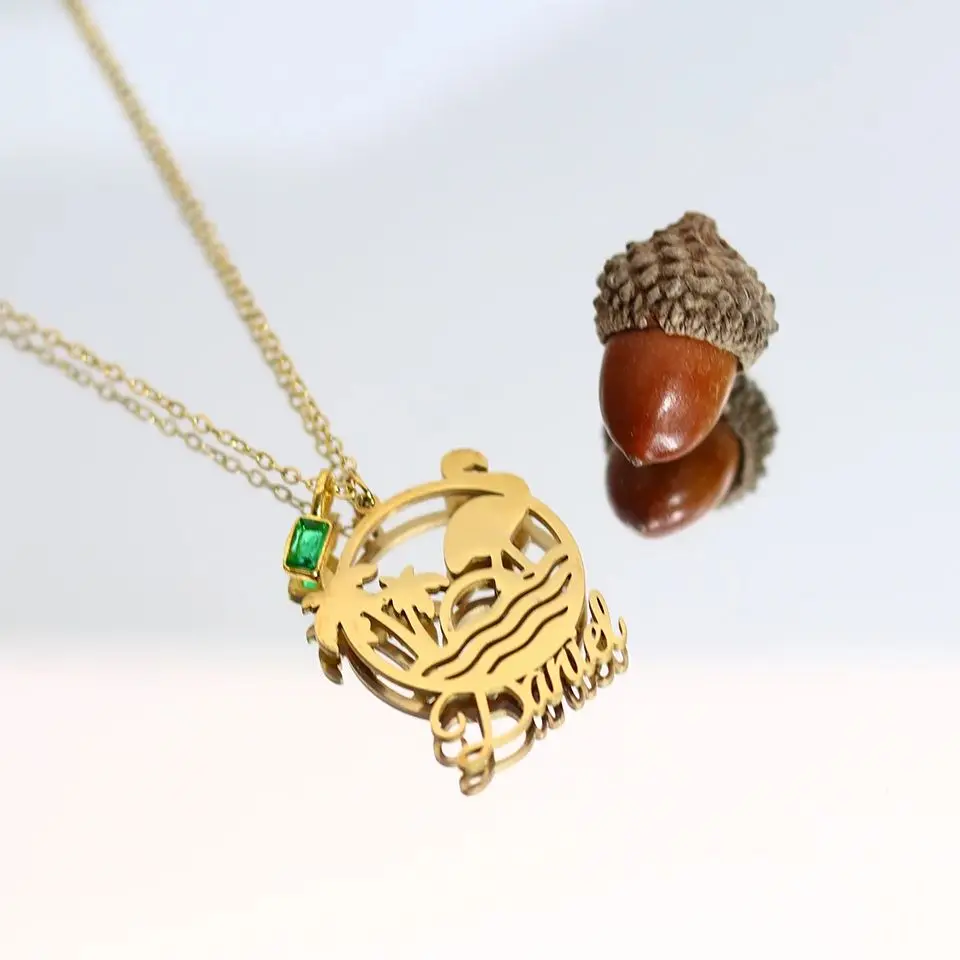 

Ожерелье с именем и пейзажем пляжа Todorova Custom, из нержавеющей стали, серебристого цвета, ювелирное украшение на годовщину, подарок для девушки и жены