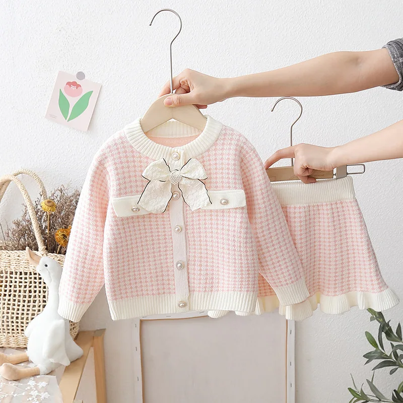 Autumn Toddler Kid Girl 2PCS Clothes Set Cotton Knotbow Pearls Button Knitted Cardigan Suits Plaid Warm Skirts Baby Girl Outfits