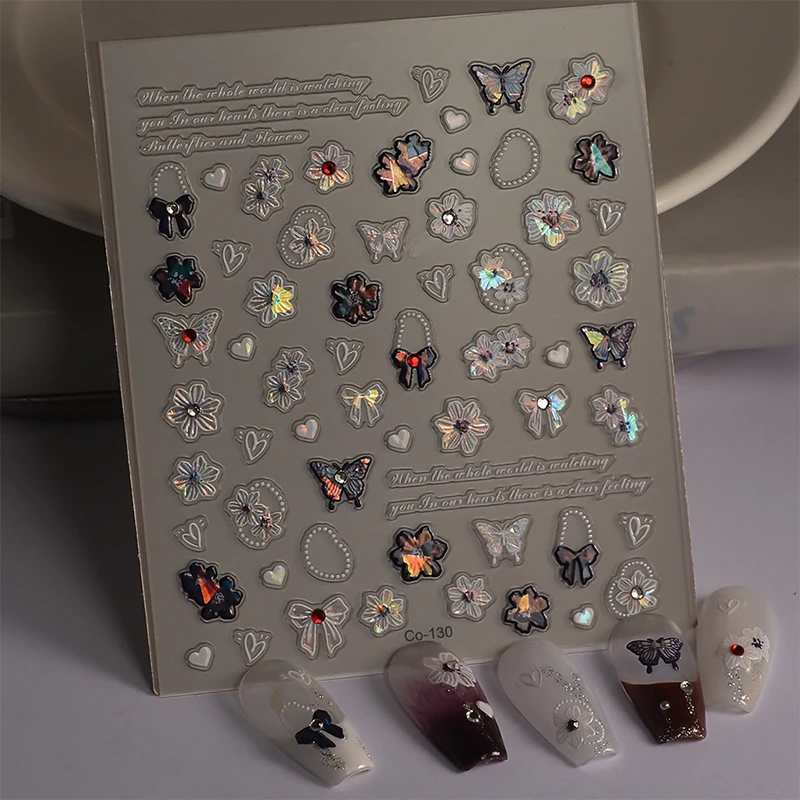 Colorful Shell Light Butterfly Crystal Diamond Nail Stickers Ice Through Bowknot Flower Relief Nail Art Stickers Nail DIY Decore