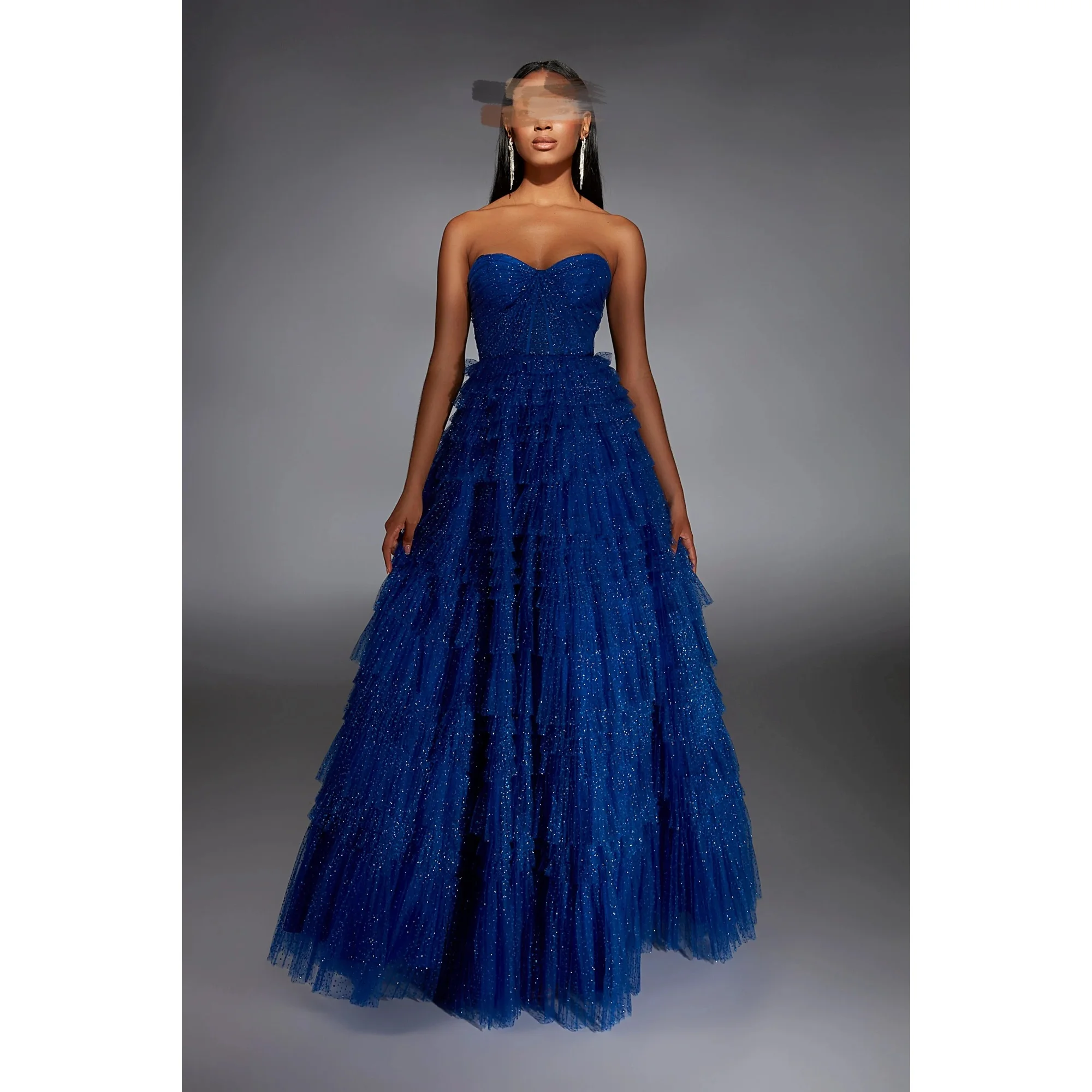 فستان سهرة ساحر باللون الأزرق الملكي بدون حمالات فستان كشكش متألق على شكل حرف a فستان رسمي للحفلات على الطراز الأرضي مخصص #1