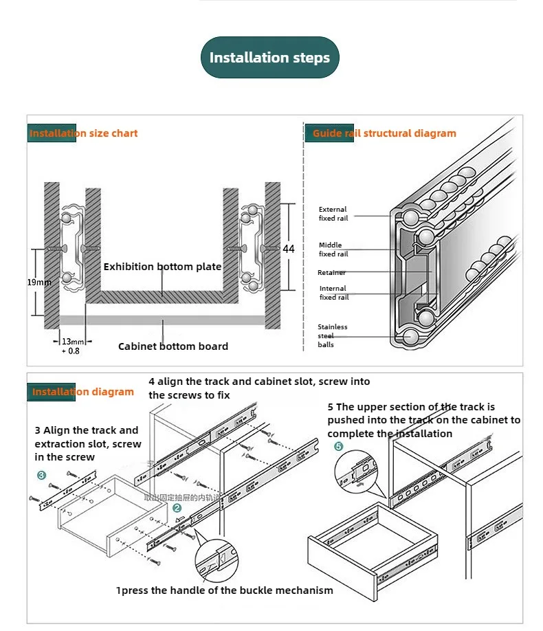 10' - 22' 45mm breite Edelstahl-Schubladenauszüge mit Soft-Close-Funktion, dreiteilige Schubladenschienen für Möbelbeschläge – Detail 11