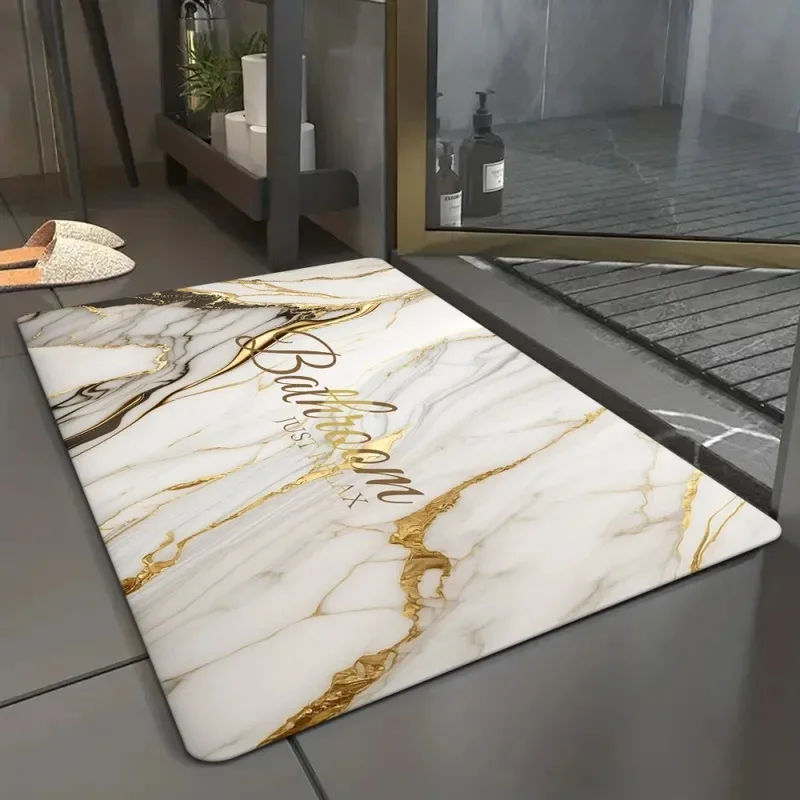 VIKAMA Luxury Gold Vein Marble Print Bath Mat Non-slip Quick Water Absorbent Elegant Bathroom Entrance Decor Floor Rug