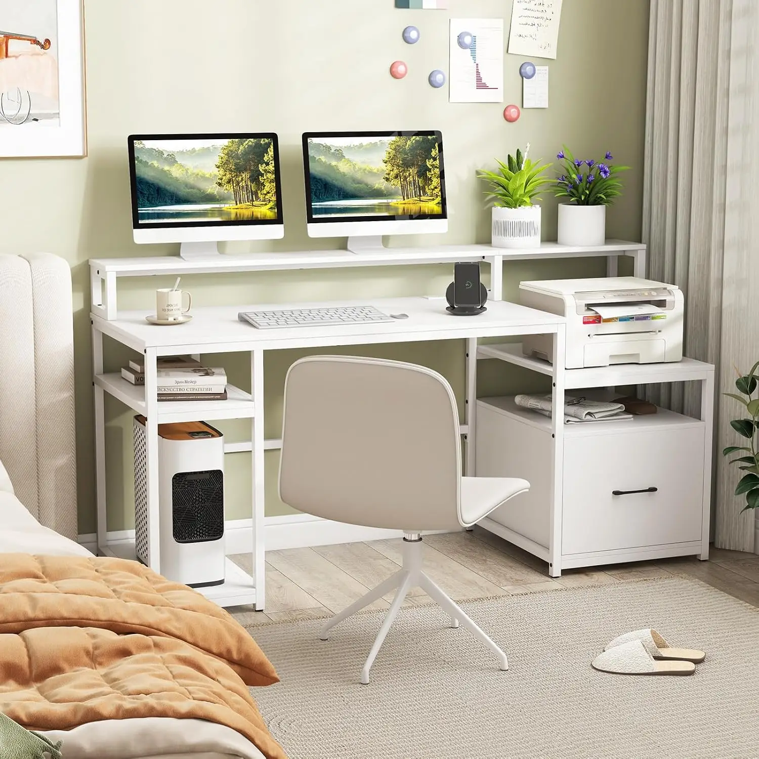 Computer Desk with Drawer & Charging Station, 66 Inch Workstation with Monitor Stand, Printer Cabinet, CPU Stand & File Drawer,
