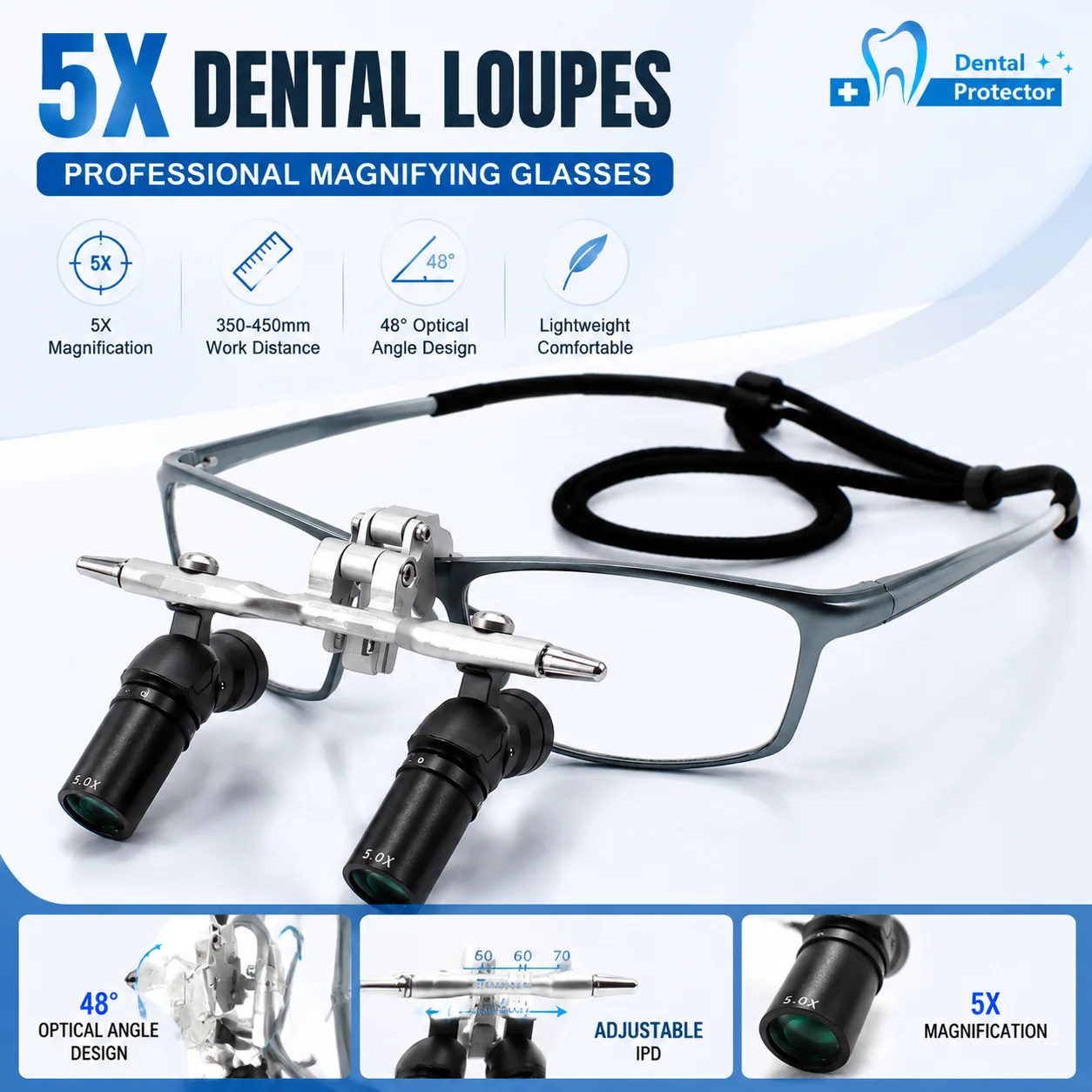5X Dental Surgical Loupe Glasses 450mm | Professional Binocular Magnifier for Dentistry Microsurgery | Precision Optical Head Mo