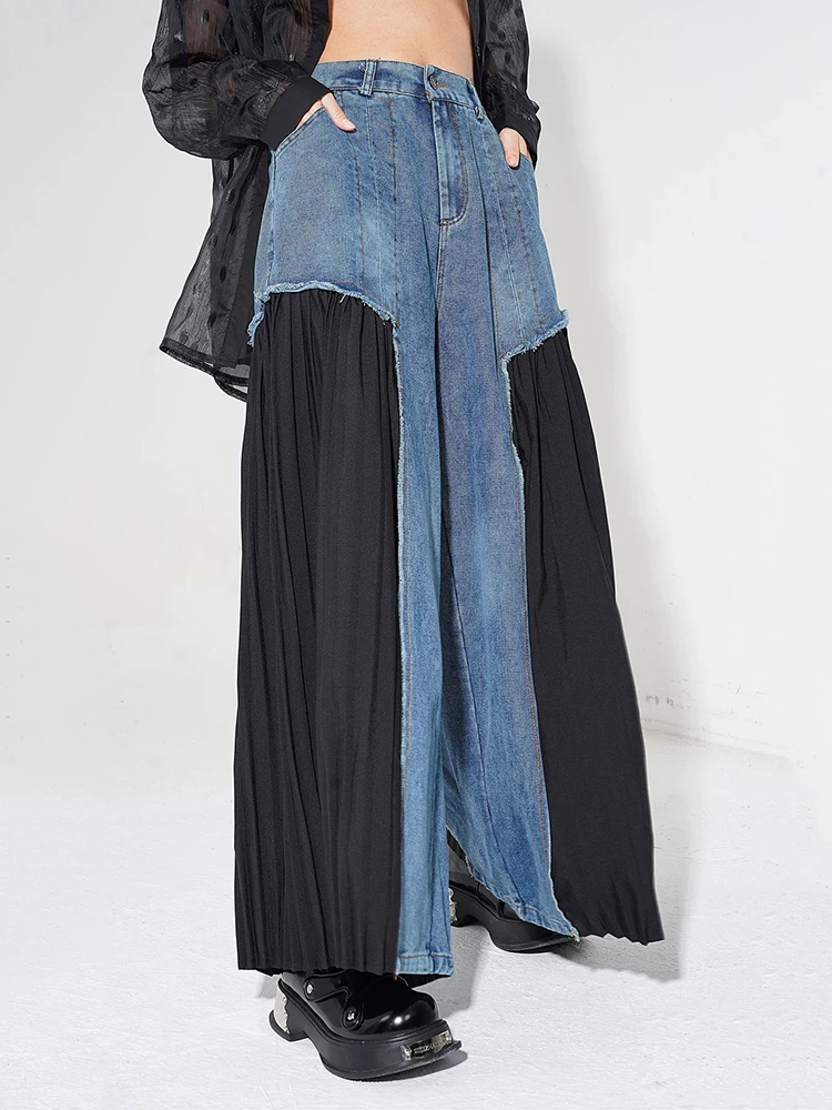 [EAM] High Elastic Waist Blue Denim Pleated Long Wide Leg Pants New Trousers Women Fashion Tide Spring Autumn 2024 1DH5079