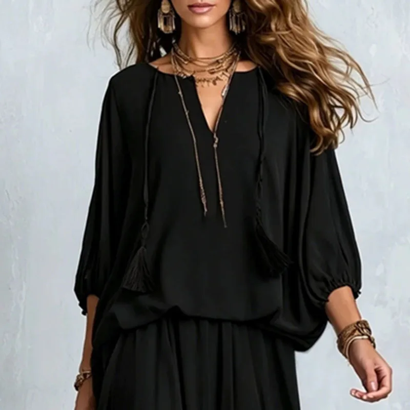 Vintage Solid Lantern Sleeve Skirt Set Ladies Tie Neck Layered Ruffle Top & Long Skirt Bohemian Holiday Daily Wear 2‑Piece Suits
