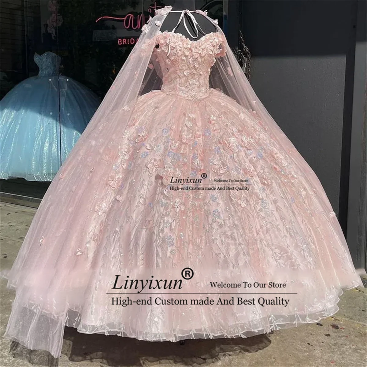 Sweet Shiny 16 Sky Blue Princess Quinceanera Dress Cape Applique 3D Floral Crystal Beading Ball Gown Vestidos De 15 Anos Corset