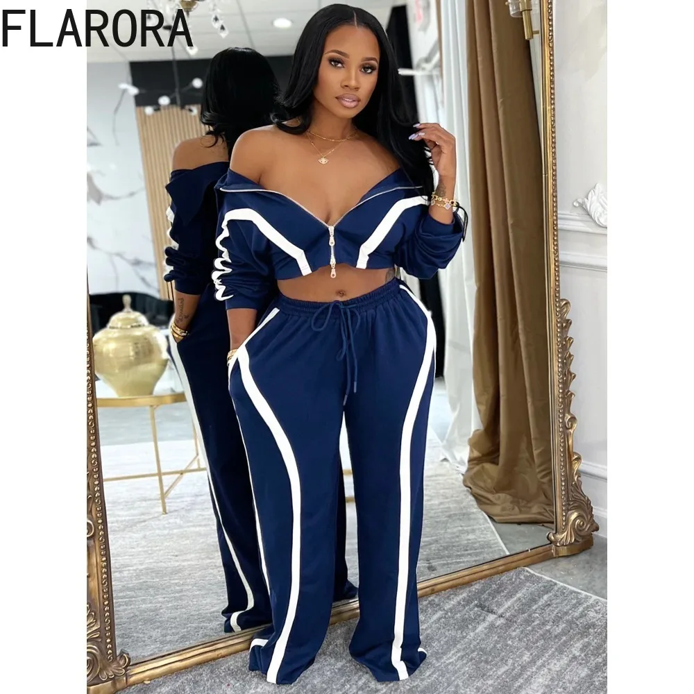 FLARORA Moda Stripe Patchwork 2 pezzi Set Donna Risvolto Manica lunga Zip Crop Giubbotti e Pantaloni con coulisse Abiti Tute da strada
