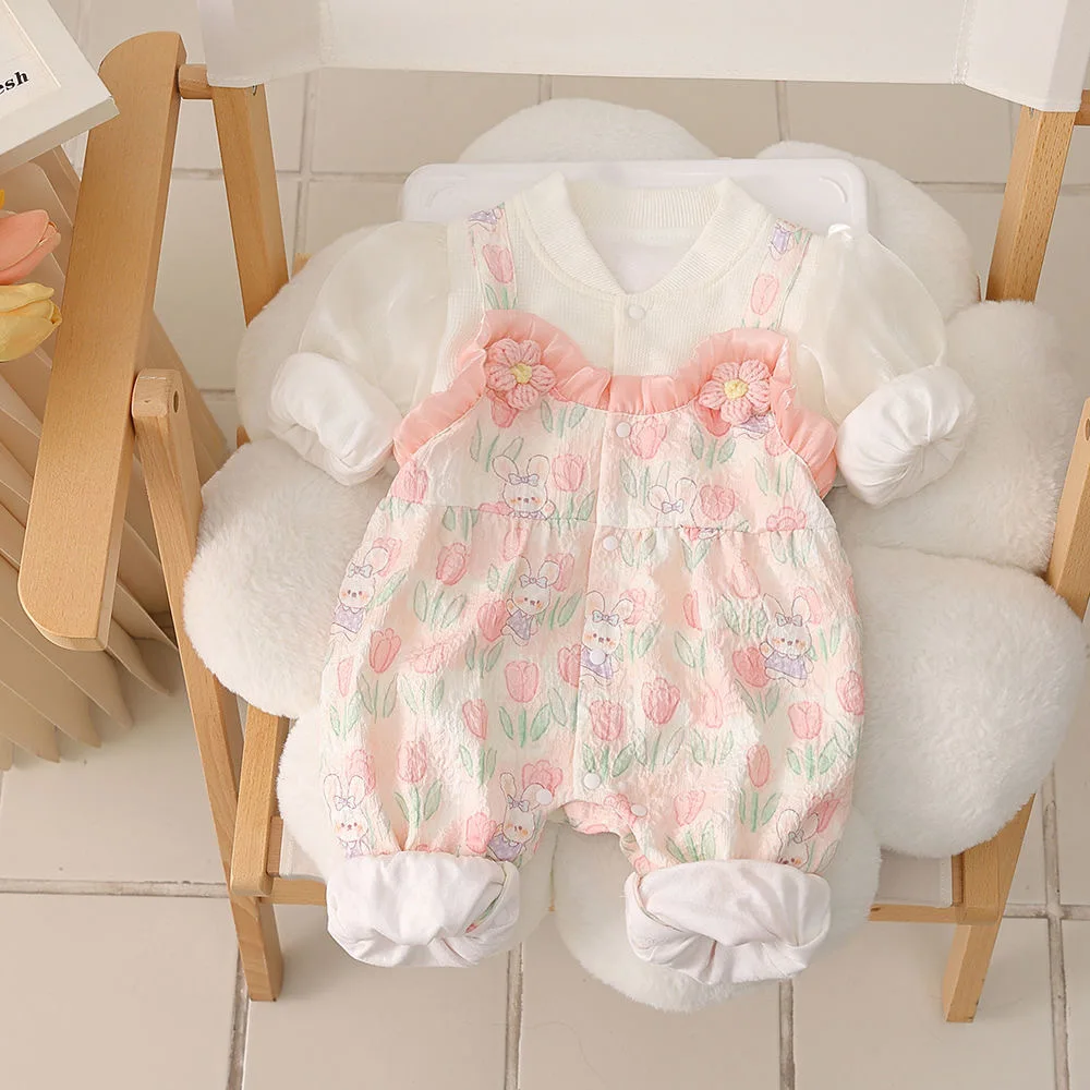 Spring Autumn Baby Girls Romper Tulip Print Toddler Jumpsuit Newborn Clothing Tulle Sleeve Baby Onesie for Girls