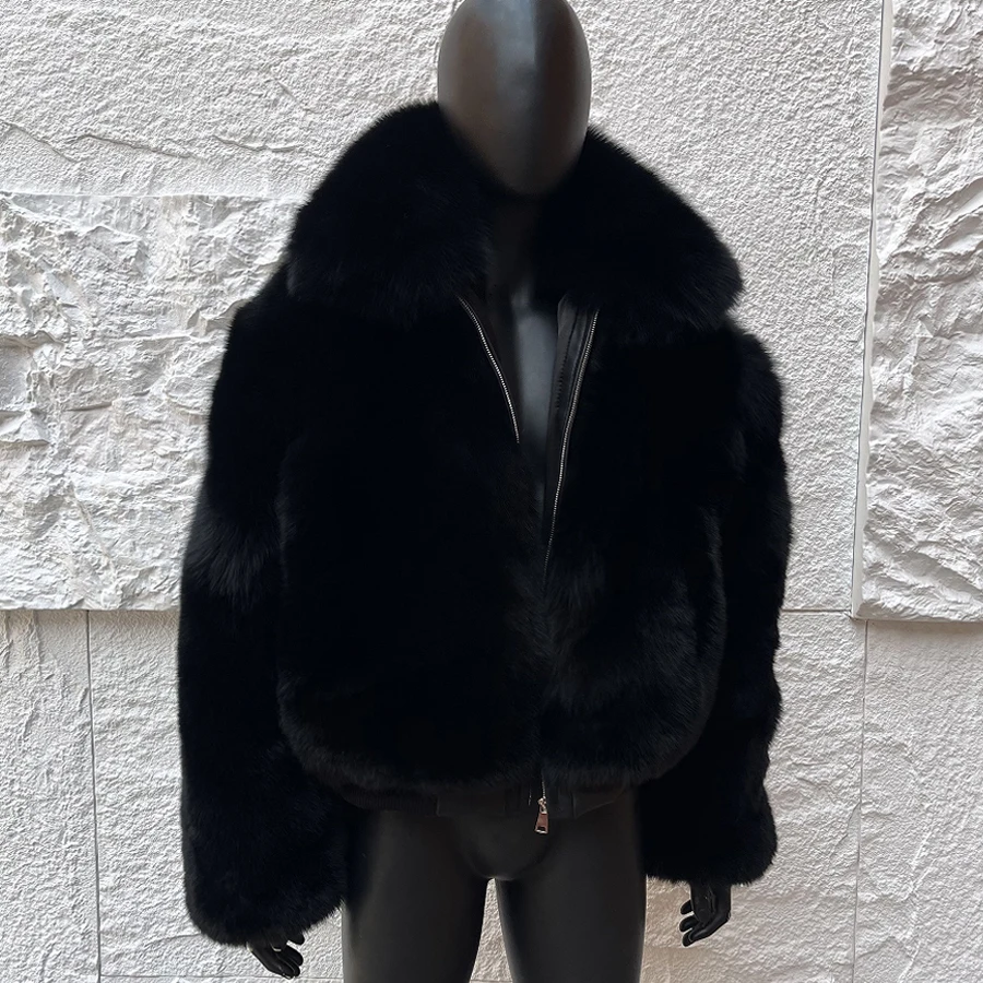 Short Black Fox Fur Coat With Zipper Natural Full Skin Fox Fur Jacket Men's Winter Fur Bomber Jacket New Arrival Real Fur Coat