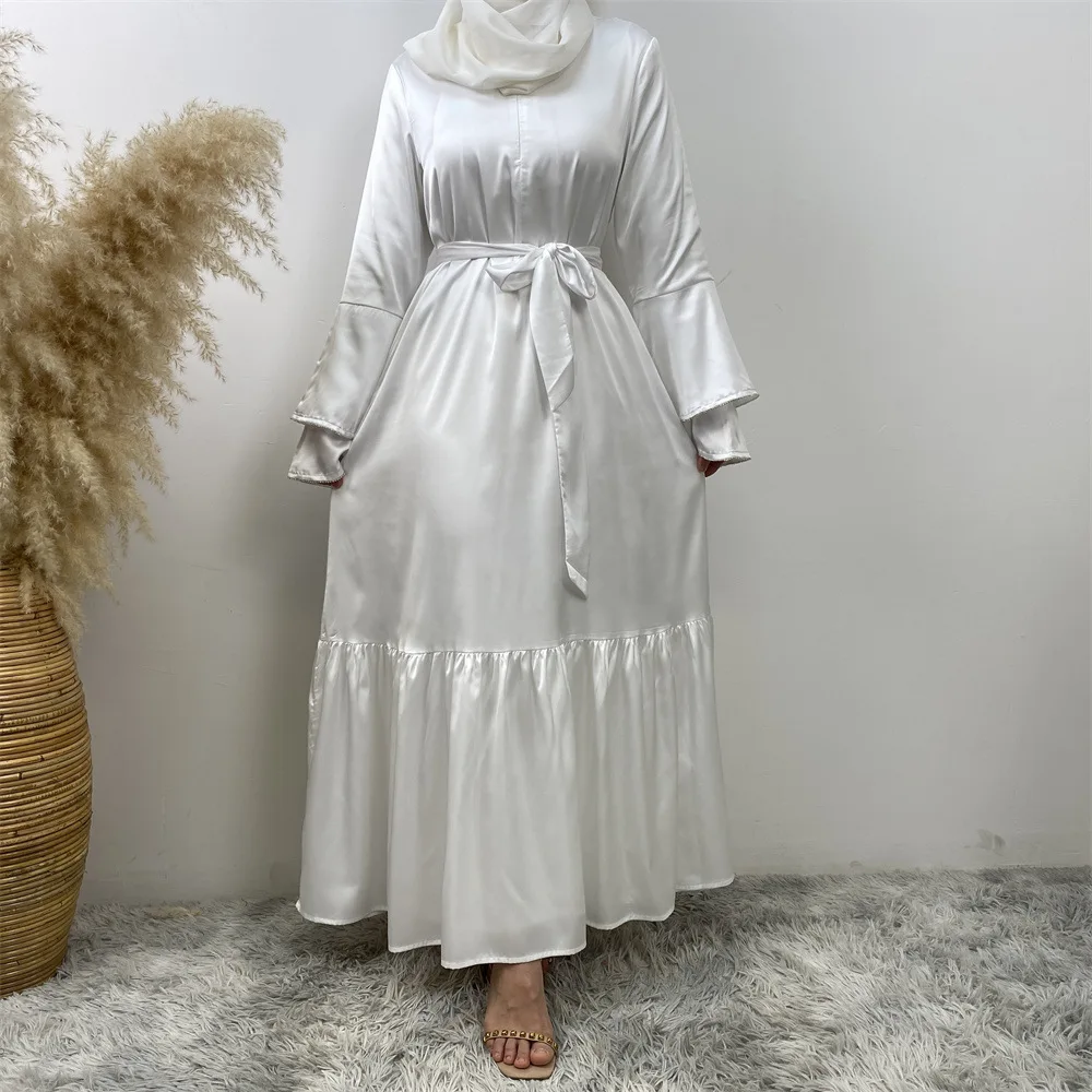 Abaya di raso per le donne abito da festa musulmano con maniche svasate Dubai caftano turchia Robe Eid Jalabiya Ramadan Islam abbigliamento abito arabo