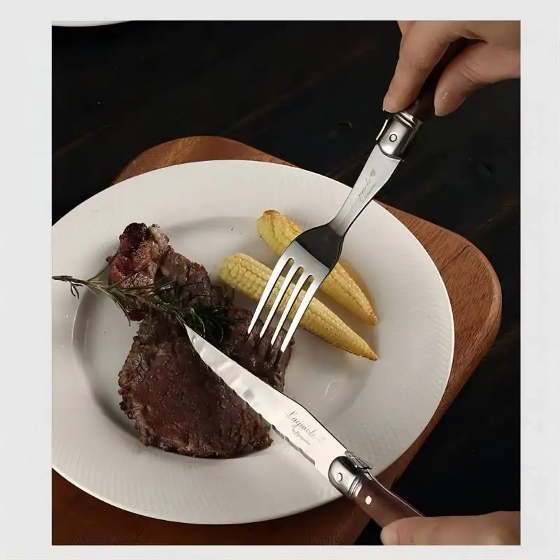4-24pcs Laguiole Steak Knives Dinner Forks Table Spoon Mini Coffee Teaspoon Wood Handle Cutlery Restaurant  Bar Wooden Tableware