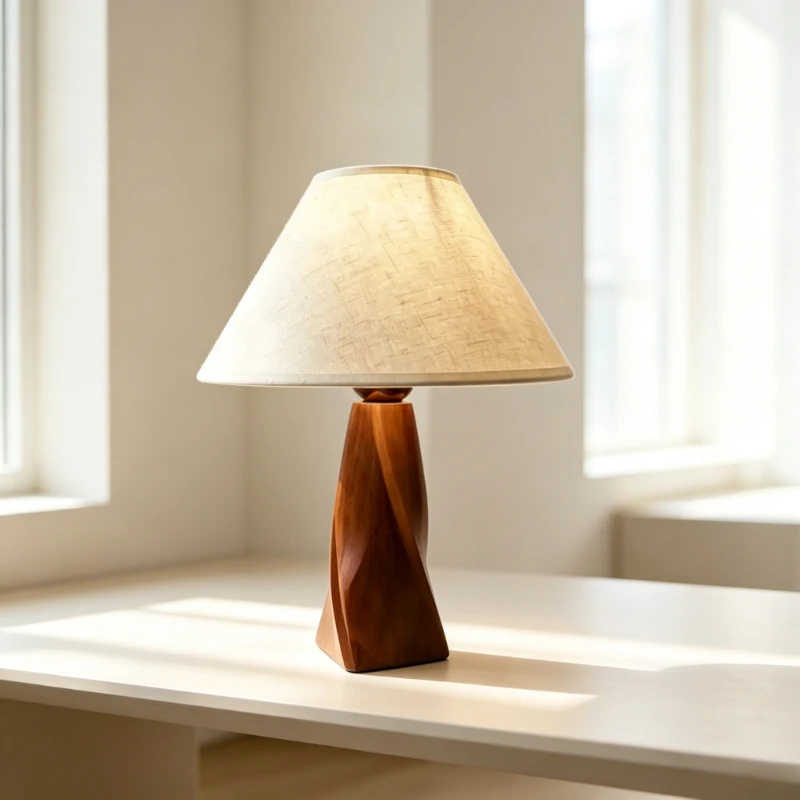 Classical Spiral Solid Wood Stand Light Bedroom Study Living Room Decoration Ambient Light Medium Antique Walnut Fabric Lamps