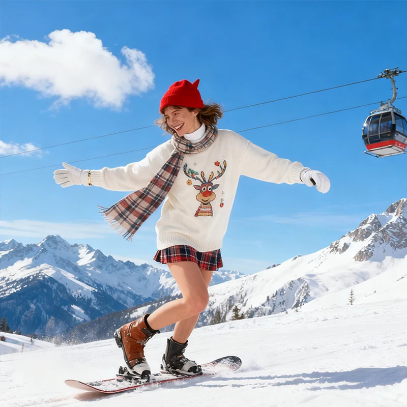 

Autumn Winter Retro Print Christmas Y2K Women's Deer Pattern Knitted Comfortable Casual Hoodie Long Sleeve Round Neck Sweatshirt