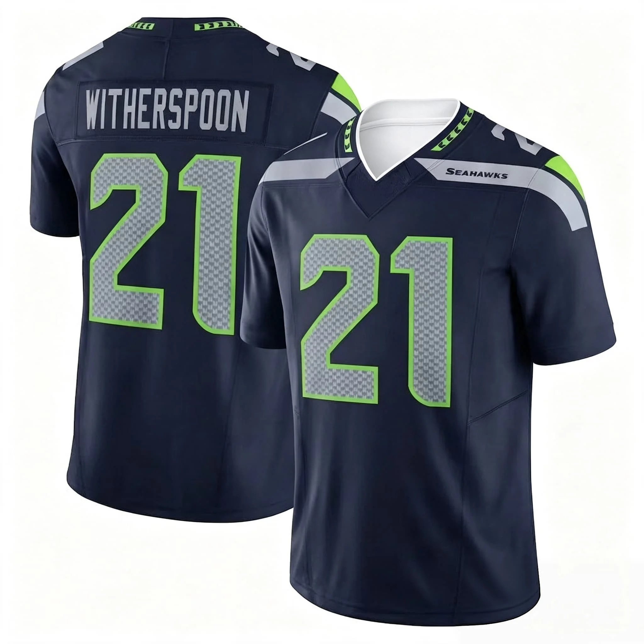 Men #21 Witherspoon Navy Home Football Jersey Digital Grid Number Green Outline V Neck Seahawks Fan Uniform  Family Matching