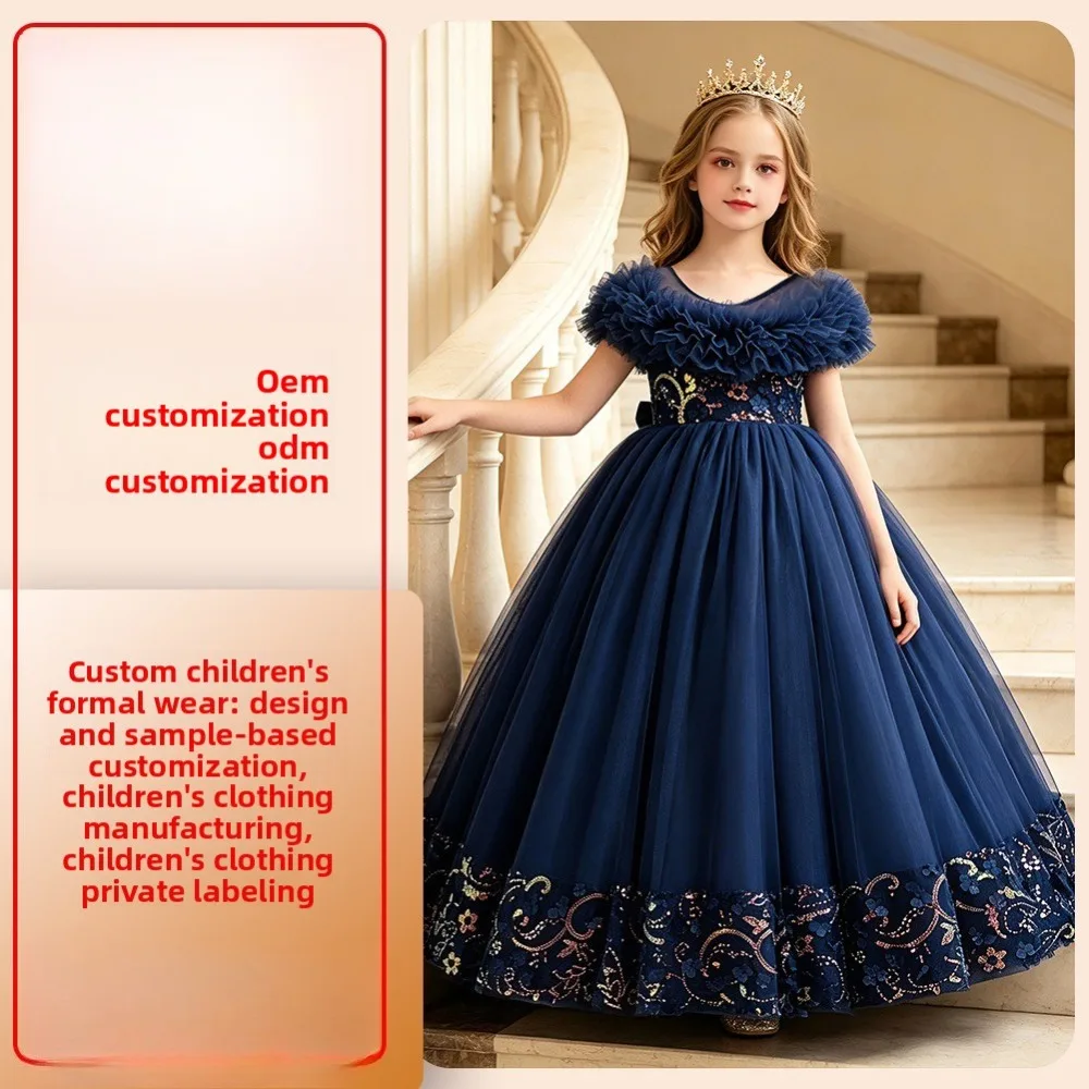 Navy Blue Girls Formal Party Gown, 3-12 Years Flower Girl Tulle Puffy Princess Tutu Dress Kids Ceremony Evening Outfit