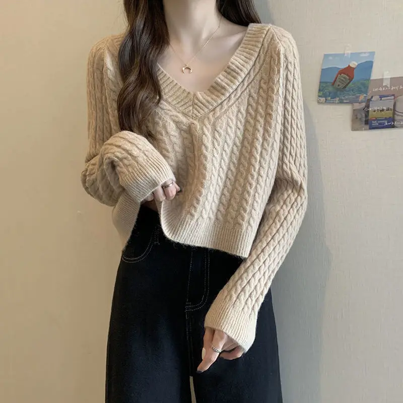 V-neck Sweater Women's Design Sense Small People Lazy Style Loose Pullover Fried Dough Twists Knit Top