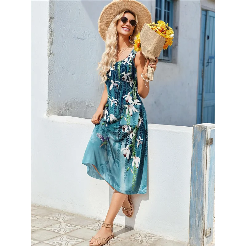 CGS-여성 여름 민소매 플로럴 비치 크루넥 하이웨이스트 A라인 미디 탱크 드레스 포켓 포함