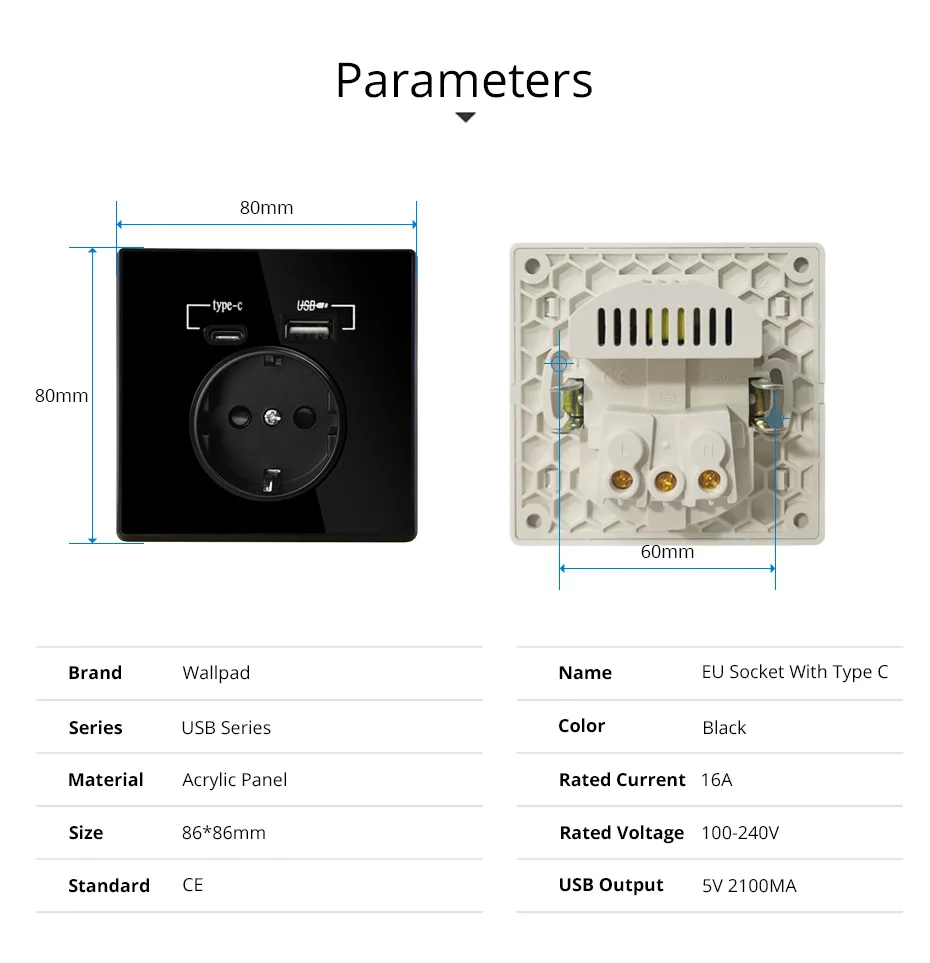 EU French TypeC USB Outlet Wall Charger Wallpad Acrylic Glass Panel Adapter German AC Power Socket Smart Home 5V 2.1A Box Holer