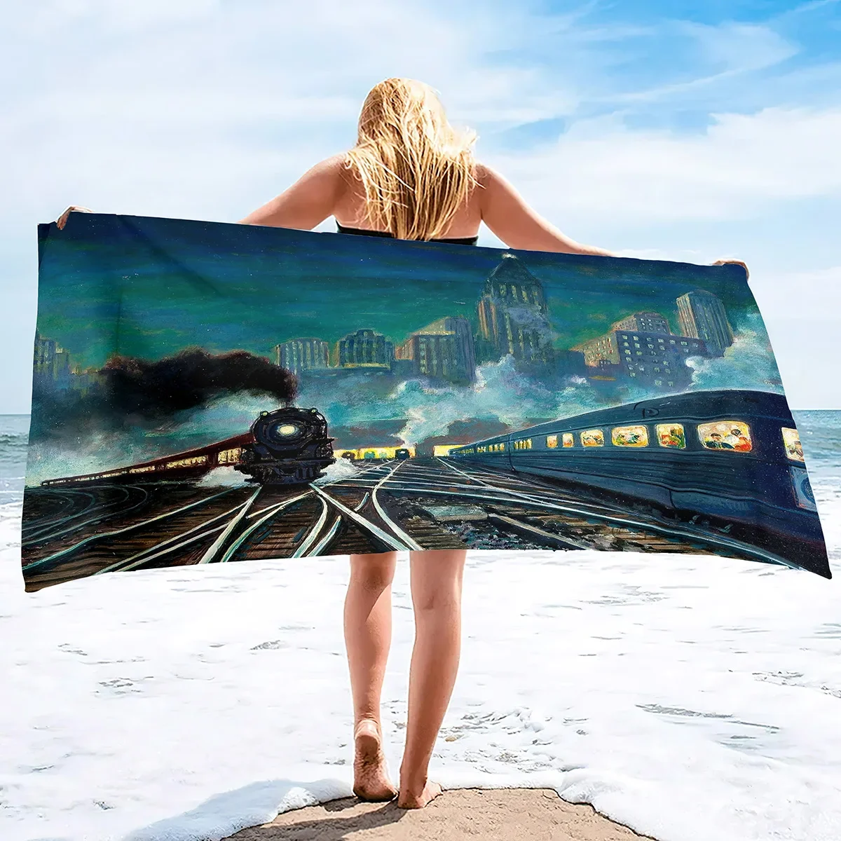 Retro Steam Train Beach Towel Quick Dry Microfiber Beach Towels Lightweight Large Pool Towel for Swimming Camping Gym Travel