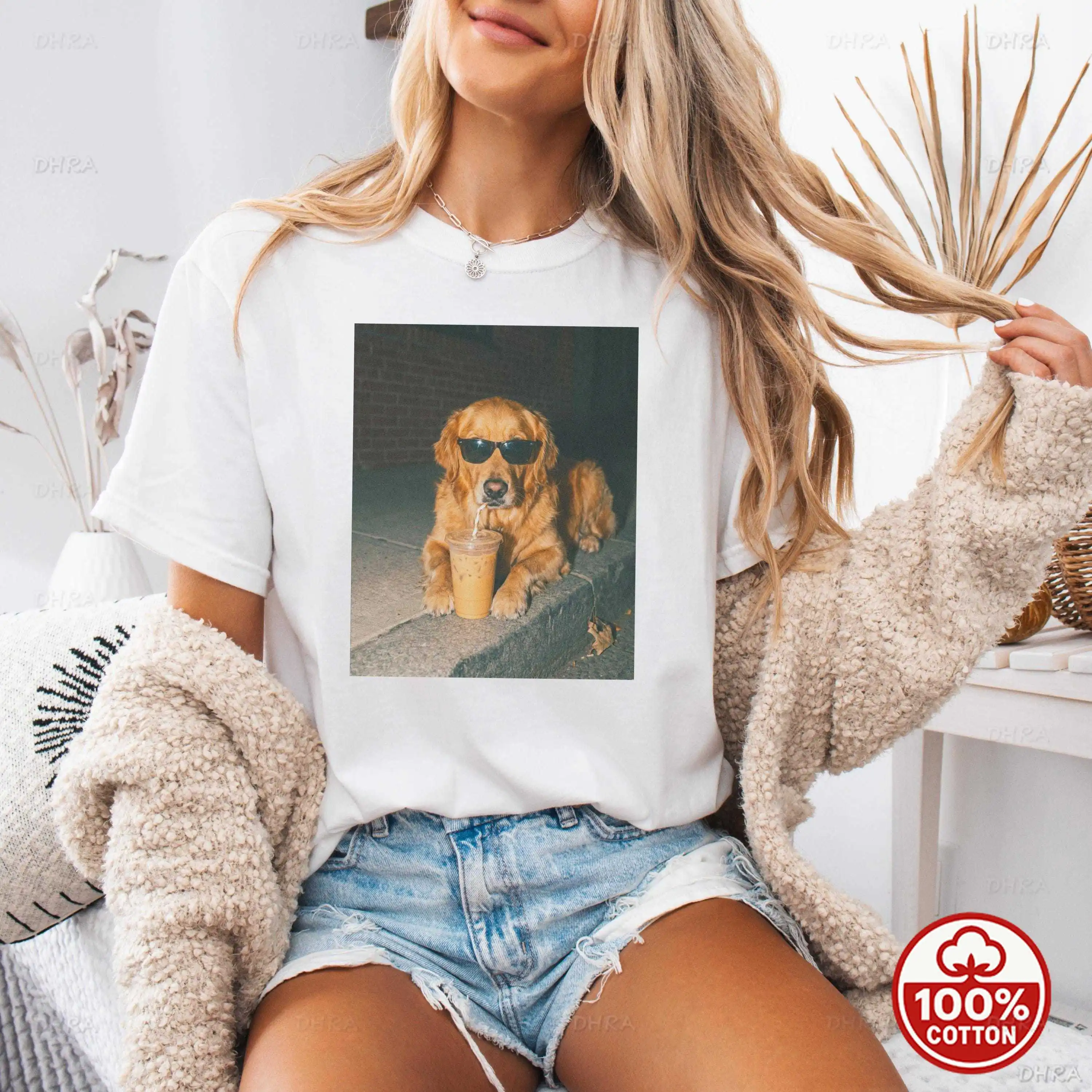 Summer Dog T-Shirt Unisex Golden Retriever Sunglasses Drinking Graphic Cotton Tee
