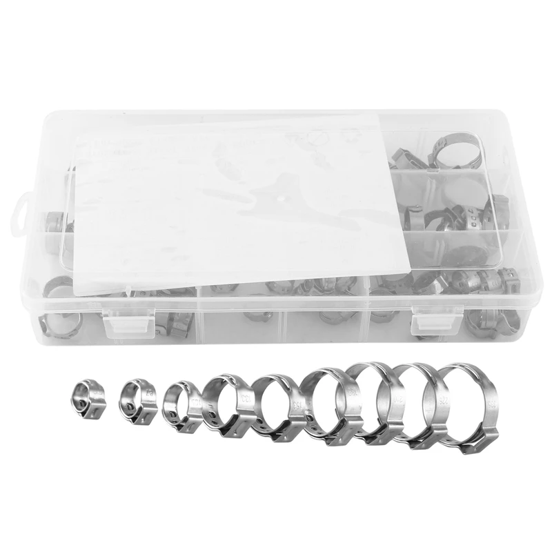 Stainless Steel Single Ear Hose Clamp, 80Pcs 6-23.6Mm Crimp Hose Clamp Assortment Kit Ear Stepless Cinch Rings Crimp Pinch Fitti