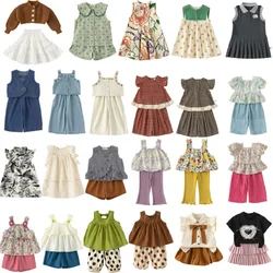 Girls' Short sleeved Set 2024 Spring/Summer New Printed Fashion Short sleeved Pure Cotton Casual Lace Girls' Shorts for Children