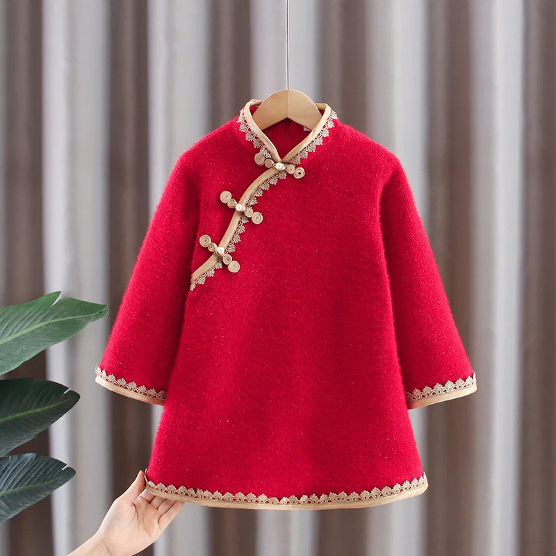 

Girls 2022 Winter New Red Cheongsam Hanfu Skirt Plus Velvet Trditional Chinese New Year Clothes For Kids Children Qipao Dress