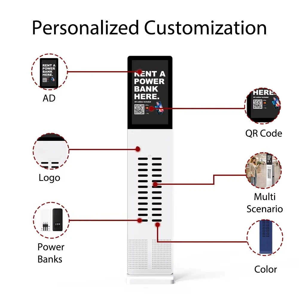 24 Slot Shared Power Bank Station 300W NFC Phone Charging Kiosk 21.5 Inch Advertising Screen CE Certified OEM ODM Rental