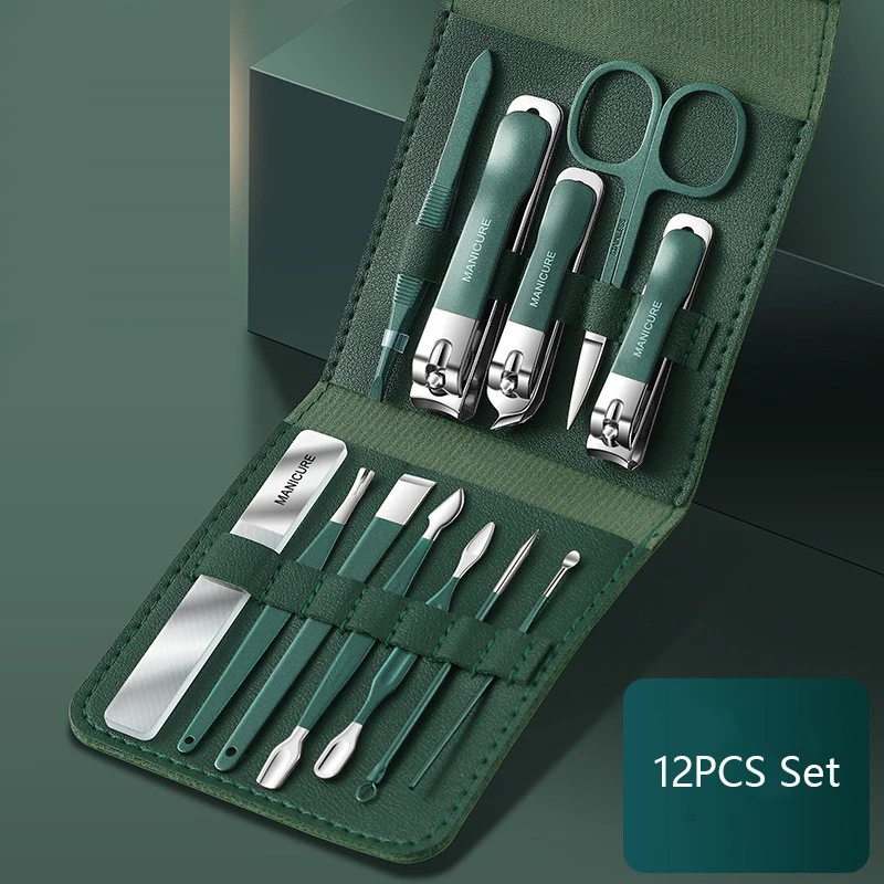 4/12/16PCS Set Professional Manicure Set Kits Stainless Steel Fingernail Toenail Clippers Set with Leather Portable