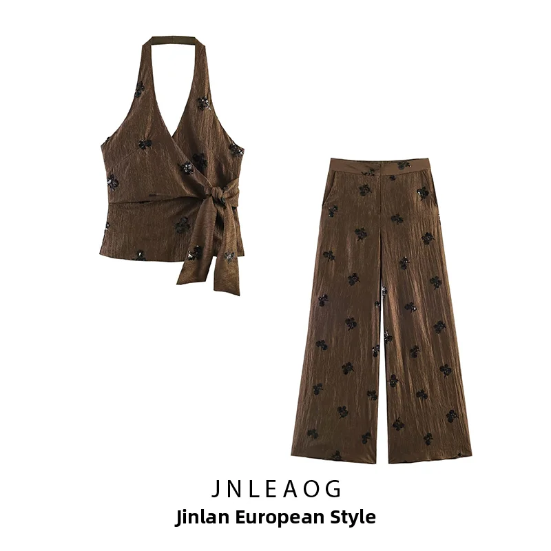 JNLEAOG Summer New Women's Fashion Set Wide Leg Pants Neck Hanging Beads Embellished Top And Bottoms Floral Patterned Outfit